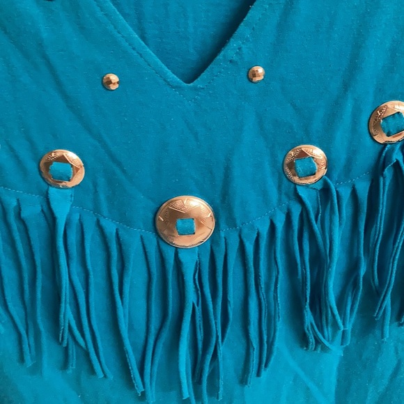 Saśsā LTD Short Sleeve Turquoise Top With Fringe/Conchos Sz M/L Made in the USA - Picture 2 of 6